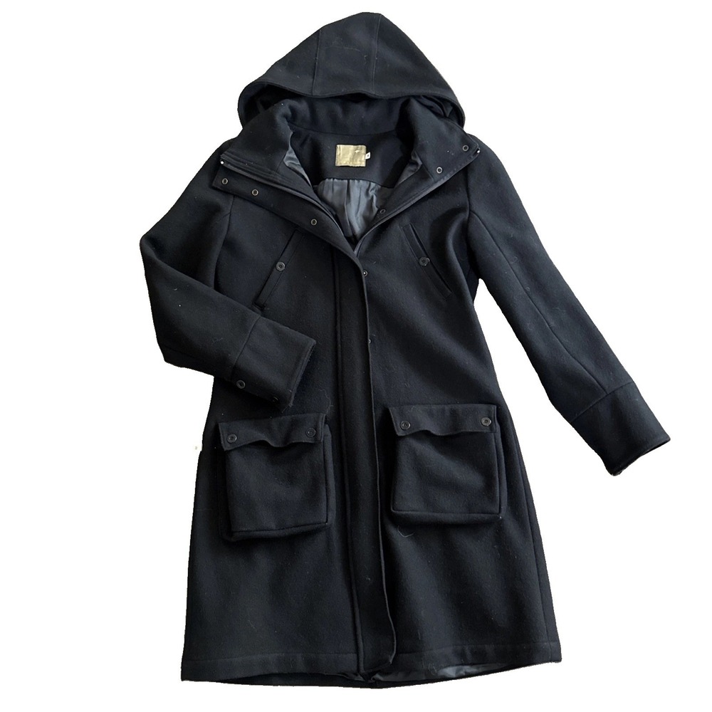 Sessun Coat Women Medium Black Wool Hooded Long Full Zip Pockets Winter French